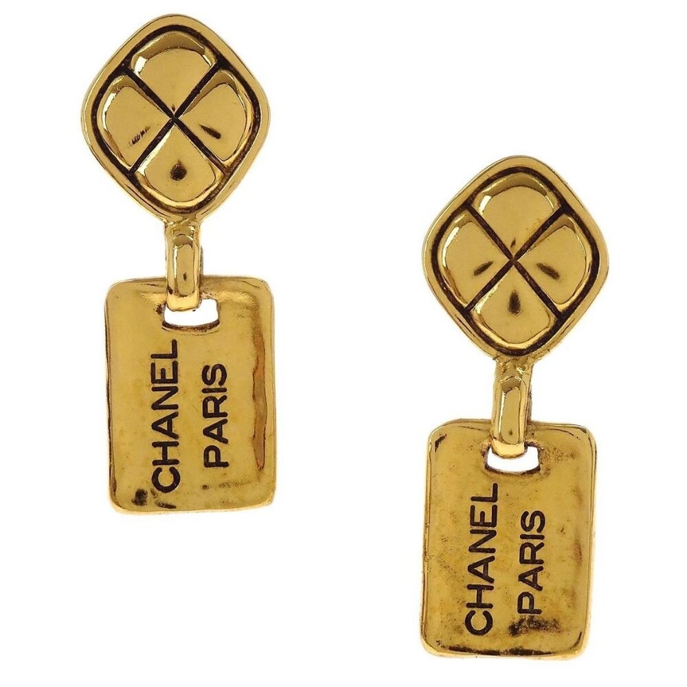 Chanel Dangle Clip-On Earrings Rectangle Rhombus Gold 2448 154845 - Picture 1 of 8